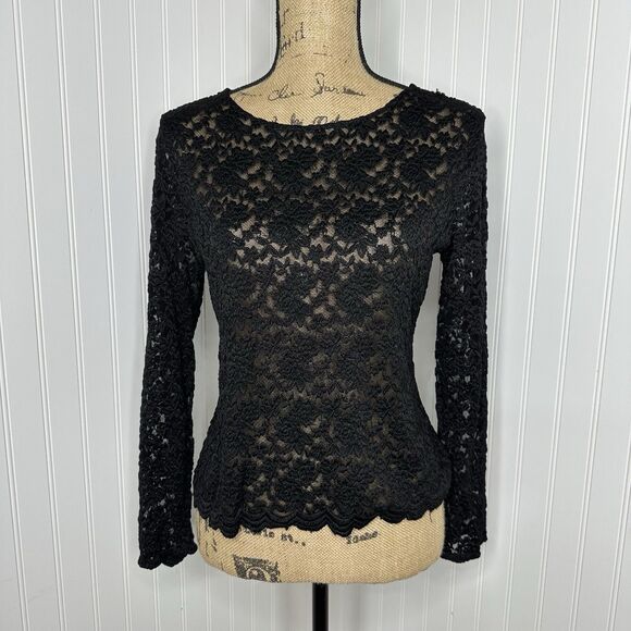 Black Sheer Floral Mesh Top Womens Sz S? Long Sleeve Dark Romantic Fairy Witchy - Picture 11 of 12